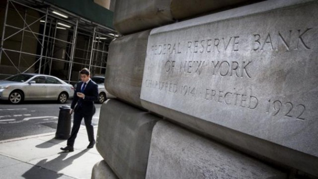 The corner stone of The New York Federal Reserve Bank is seen in New York's financial district